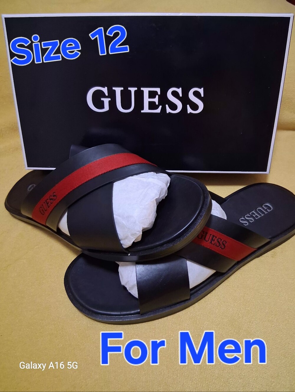 GUESS Men’s Black and Red Slide Sandals - Cross Strap Design